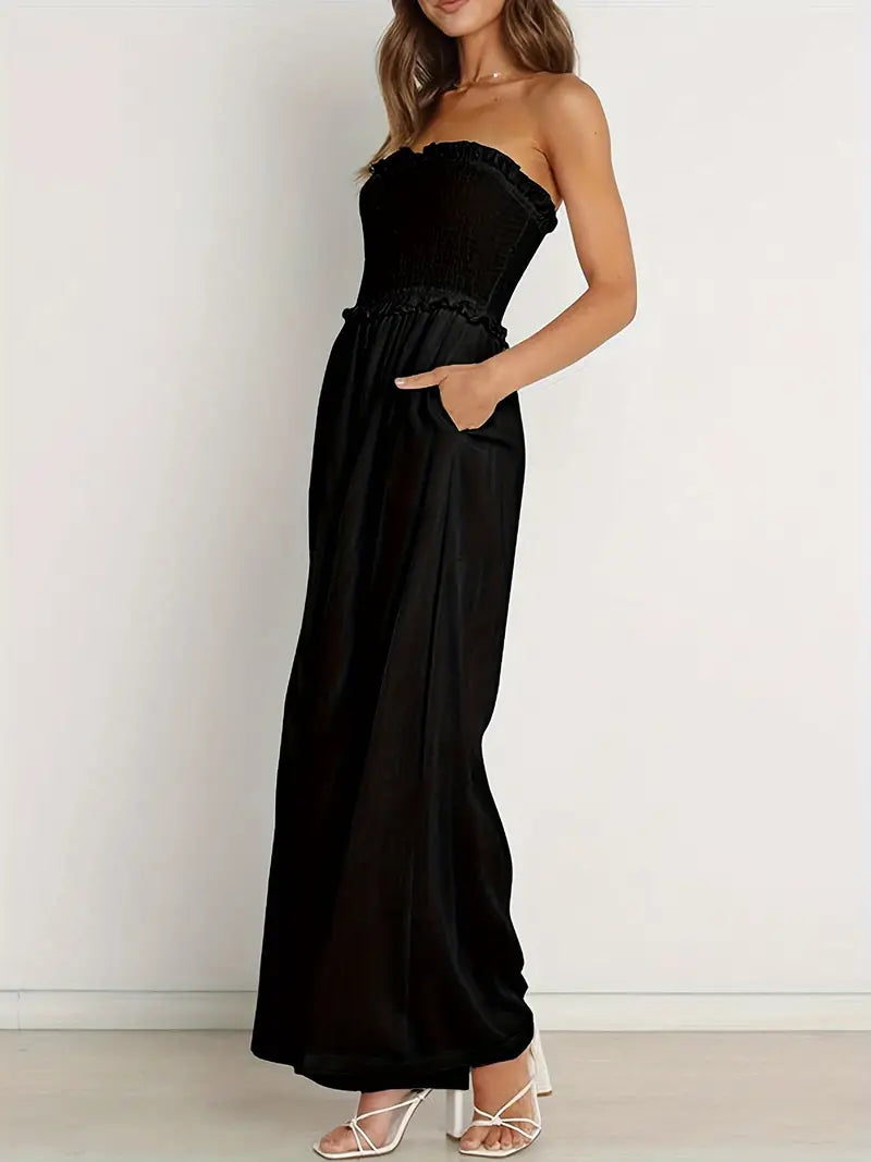 Women's Strapless Jumpsuit - Bandeau Ruffle Trim - Wide-Leg Flowy Relaxed Fit