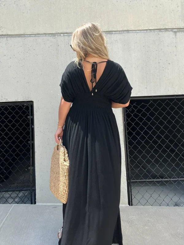 Women's Maxi Dress - V-Neck Short Sleeve - Flowing Fit with Side Slit