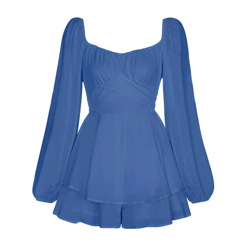 Women's Romper - Square Neckline - Long Puff Sleeves - Tiered Ruffled Skirt