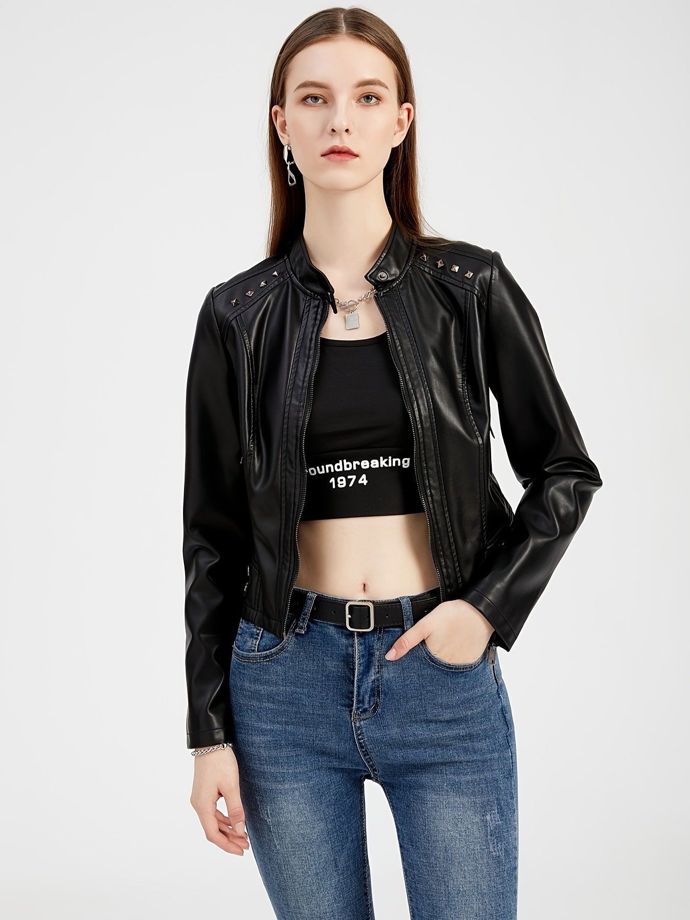 Studded moto jacket with zip closure and stand collar for women