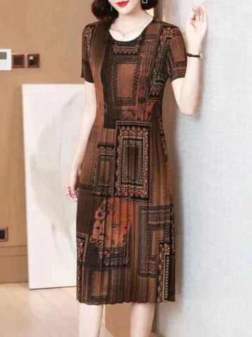 Patterned Short-Sleeve Midi Dress