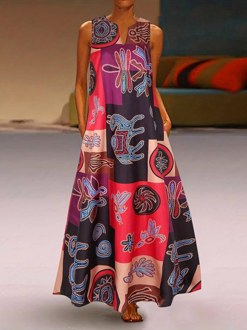 Women's Maxi Dress - Sleeveless Flowing Fit - Abstract Artistic Print