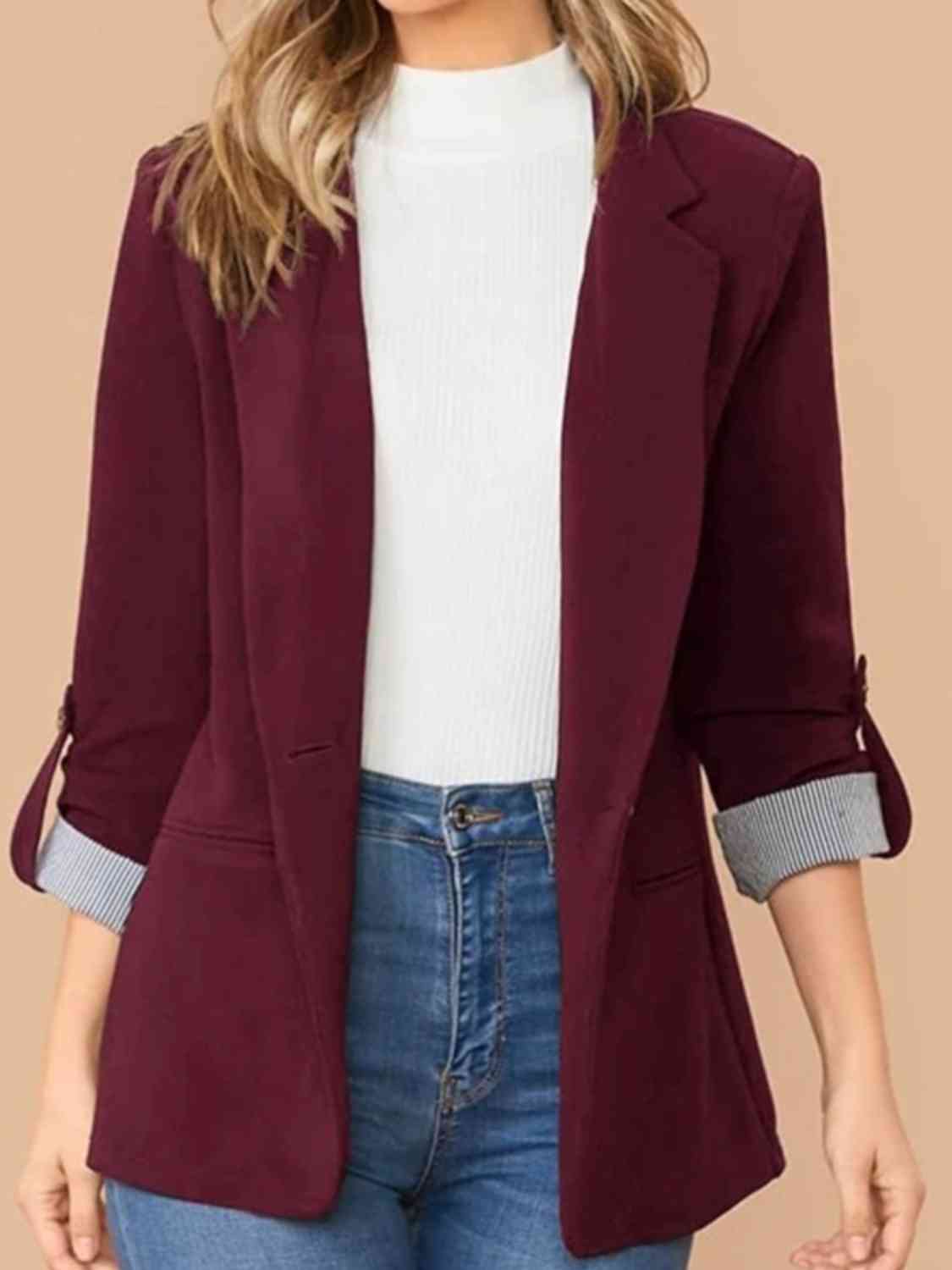 Women's Tailored Blazer - Notched Lapel - Three-Quarter Roll-Tab Sleeves - Open Front