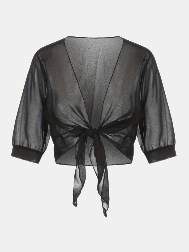 Women's Bolero Jacket - Open Front Tie Closure - Three-Quarter Sleeve Layering Piece