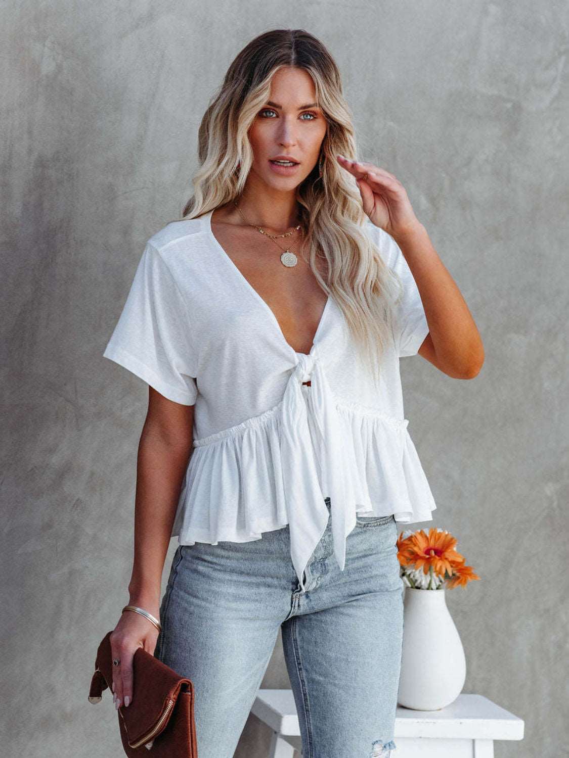 Flowy Tie Front Deep V-Neck Blouse