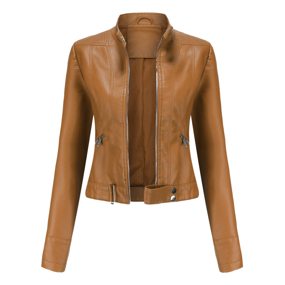 Women's plus size biker jacket with stand-up collar