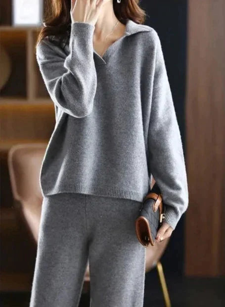 Women's winter thickened loose lapel sweater and wide-leg pants two-piece set