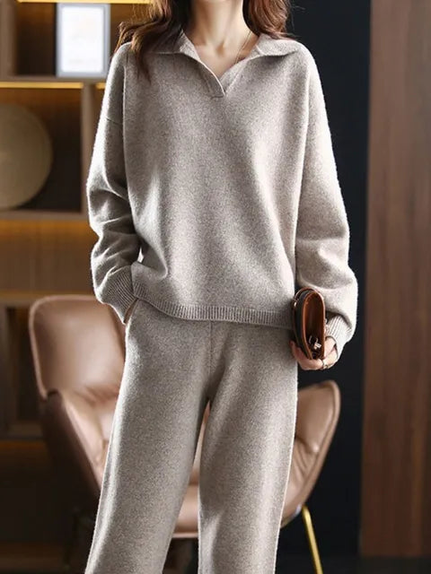 Women's winter thickened loose lapel sweater and wide-leg pants two-piece set