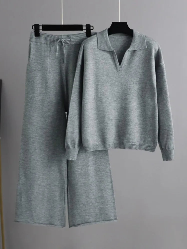 Women's winter thickened loose lapel sweater and wide-leg pants two-piece set