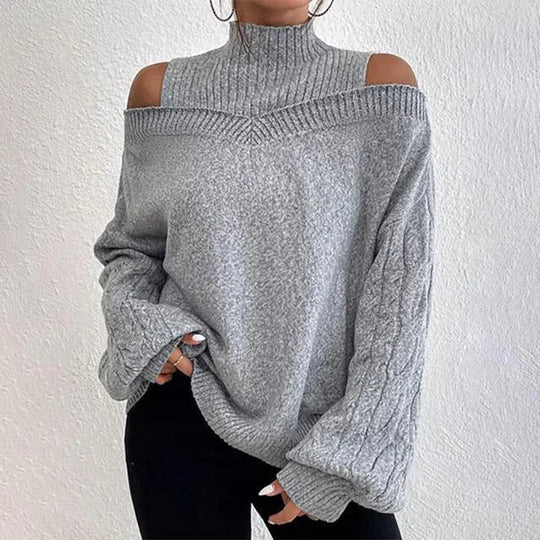 Off-Shoulder Loose Knit Half-Turtleneck Sweater