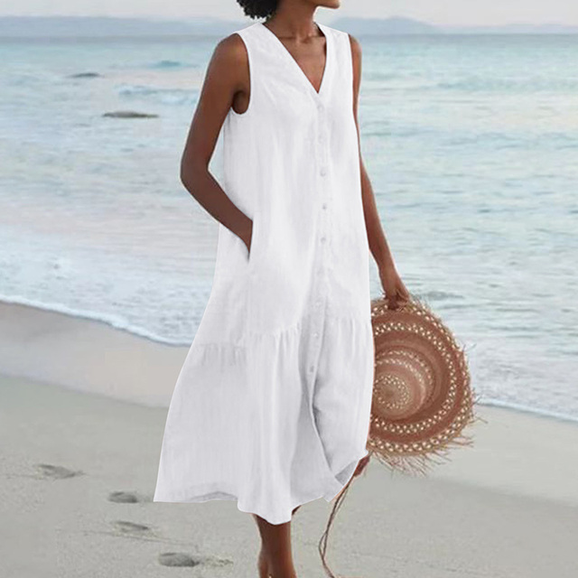 Women's Midi Dress - Sleeveless V-Neck - Button-Down with Pockets - Relaxed Fit