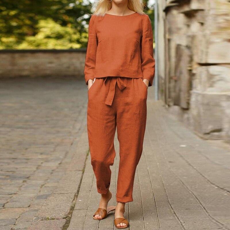 Women's Linen Matching Set - Relaxed Fit - Long Sleeve Top & Straight-Leg Pants