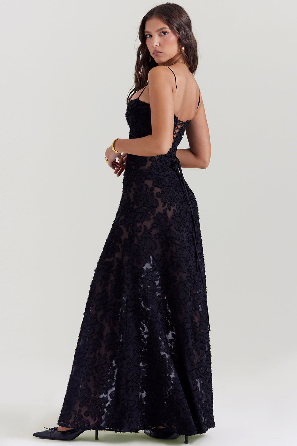 Women's Evening Gown - Floral Sheer Overlay - Spaghetti Straps - Sweetheart Neckline