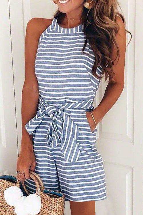 Women's Sleeveless Romper - Halter Neck - Striped Pattern - Tie Waist Casual Wear