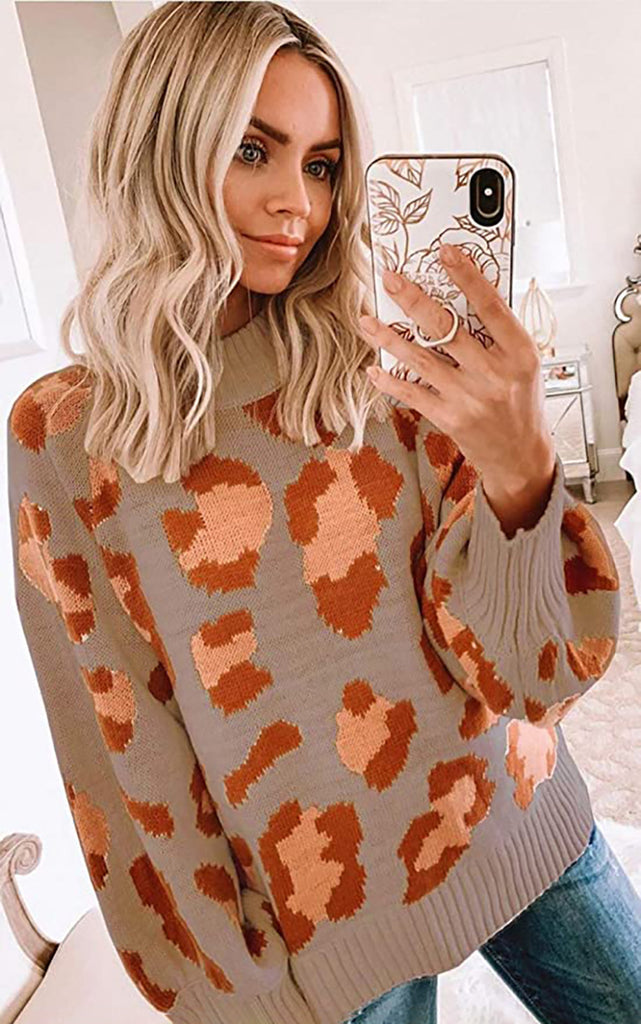 Women’s Sweater – Oversized Fit – Wool Blend Knit – Long Sleeve Leopard Print – Crew Neck