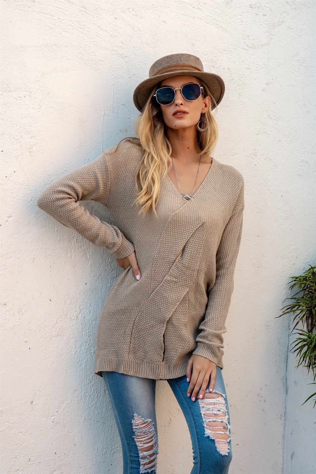 Women’s Pullover Sweater – Oversized Fit – Off-Shoulder – Draped Front – Long Sleeve