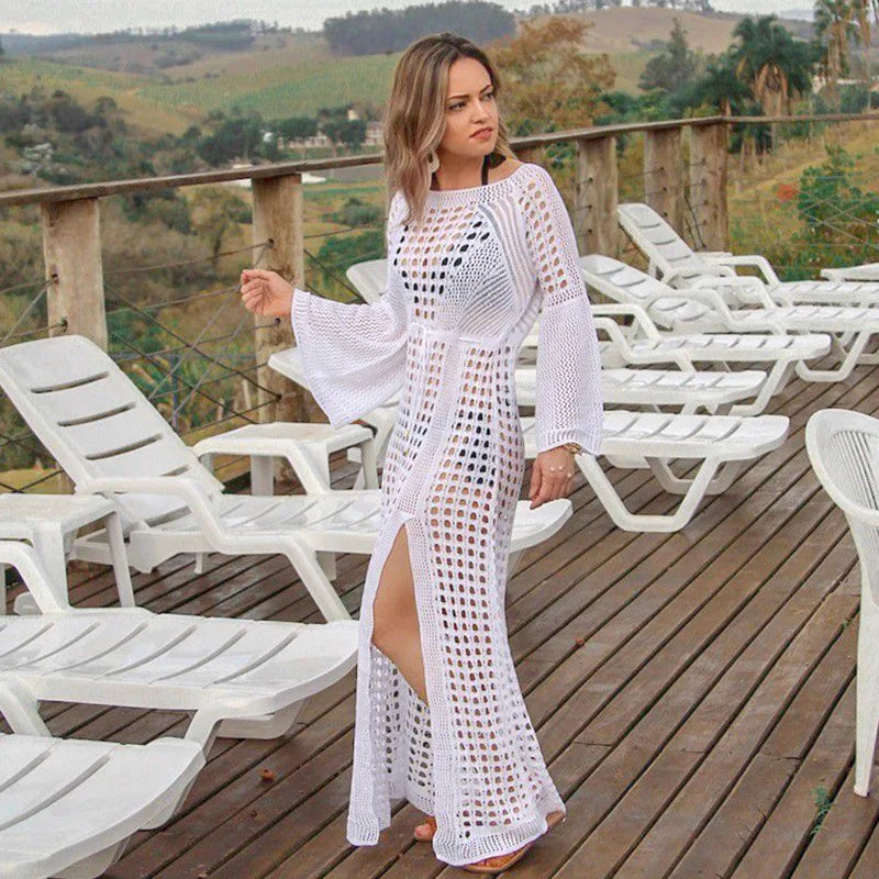 Women’s Cover-Up Dress – Soft Knit – Flowy Fit – Long Sleeve – High Slit – Boat Neck