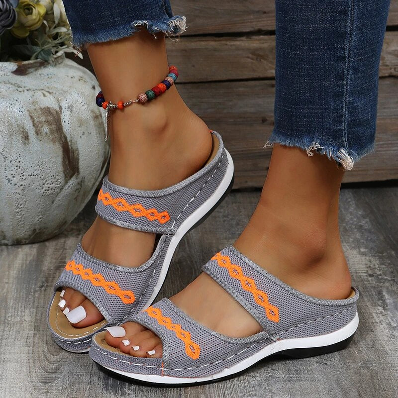 Women's Slip-On Sandals - Woven Fabric Straps - Cushioned Sole - Casual Everyday Wear