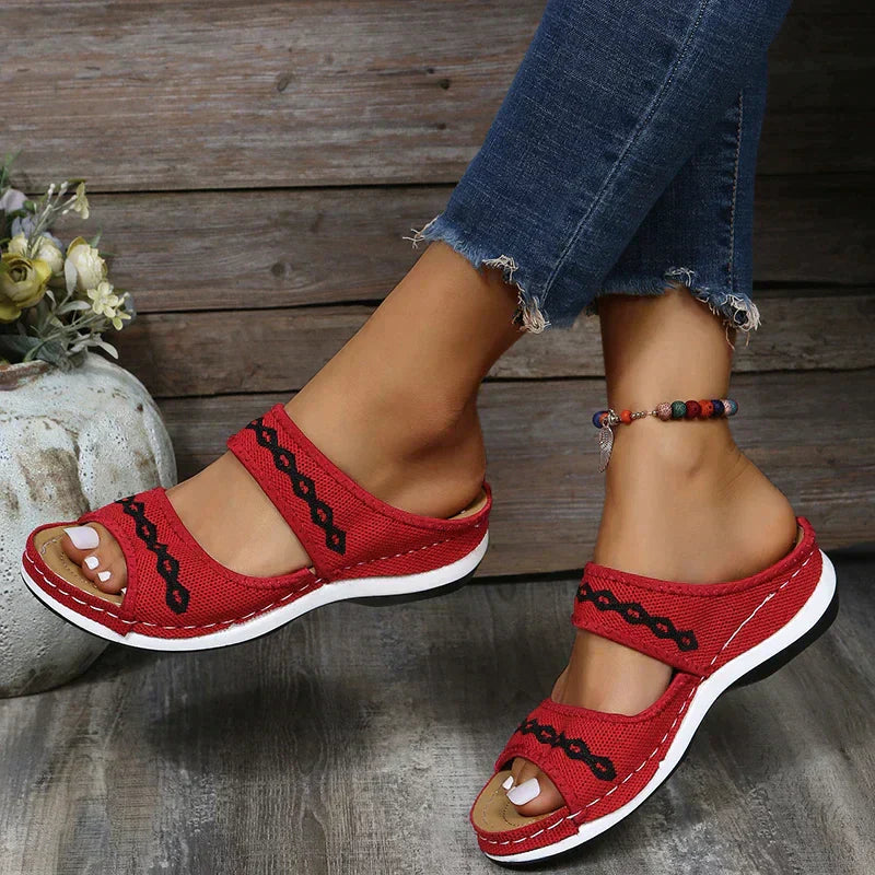 Women's Slip-On Sandals - Woven Fabric Straps - Cushioned Sole - Casual Everyday Wear