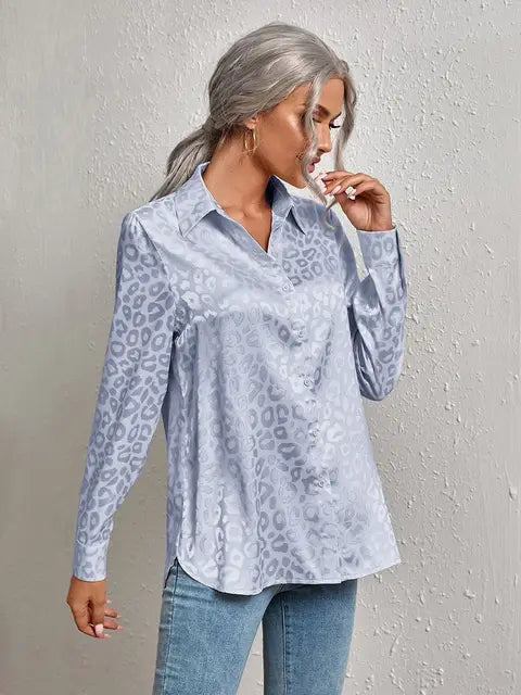 Tailored Leopard Print Satin Button Down Blouse