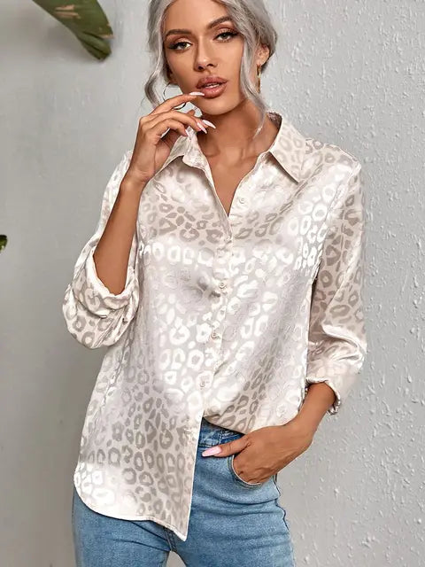 Women's Satin Blouse - Button Down - Tailored Fit - Subtle Leopard Print