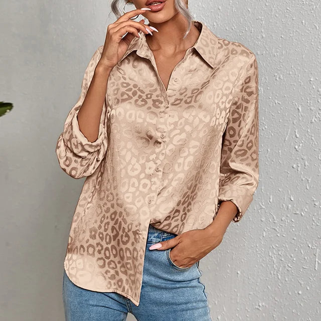 Women's Satin Blouse - Button Down - Tailored Fit - Subtle Leopard Print