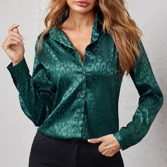 Tailored Leopard Print Satin Button Down Blouse