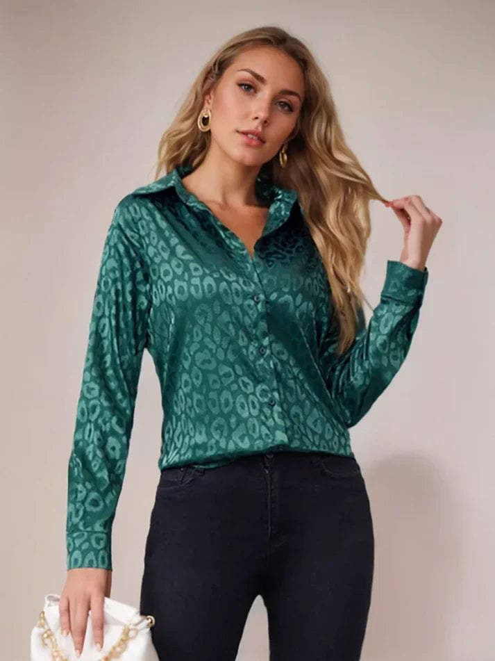 Tailored Leopard Print Satin Button Down Blouse