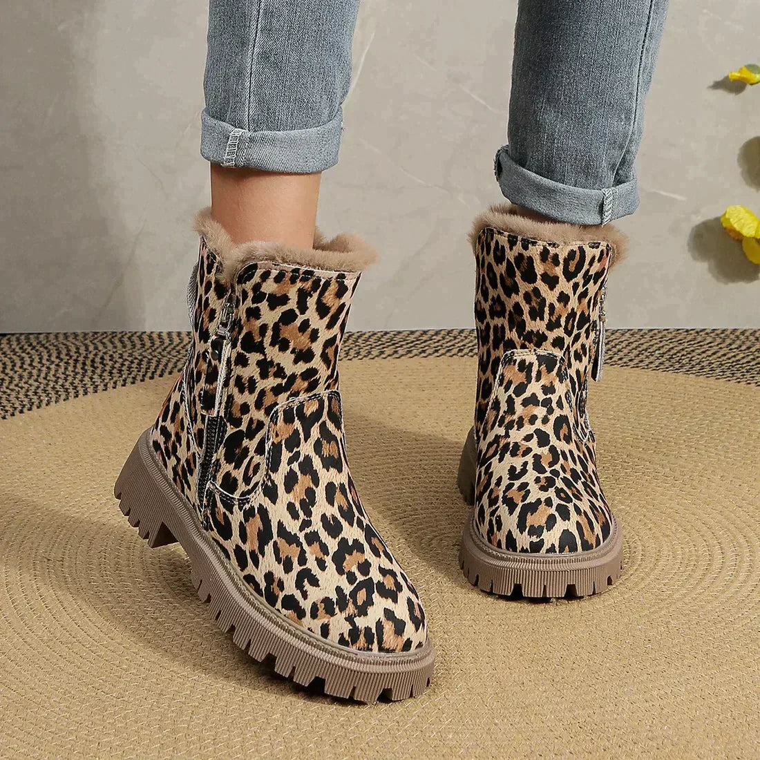 Women's leopard print winter side zipper boots