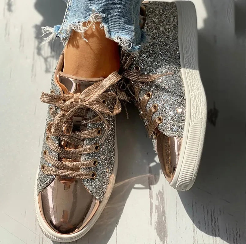 Women's Low-Top Sneakers - Glitter & Metallic Finish - Lace-Up Casual Shoes