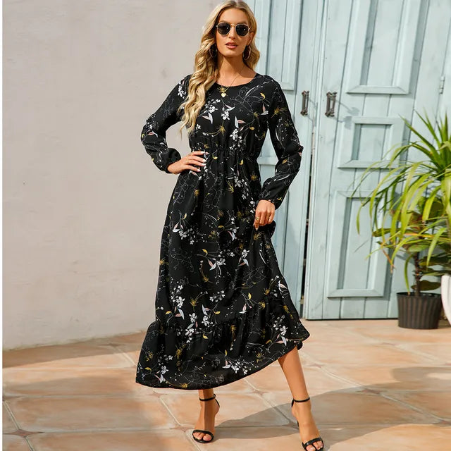 Women's Boho Maxi Dress Long Sleeve High Waist Chiffon Beachwear