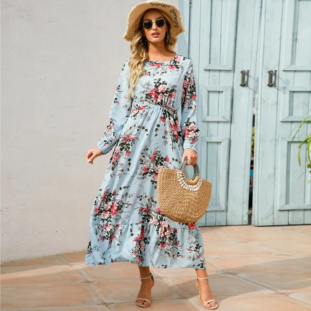 Women's Boho Maxi Dress Long Sleeve High Waist Chiffon Beachwear