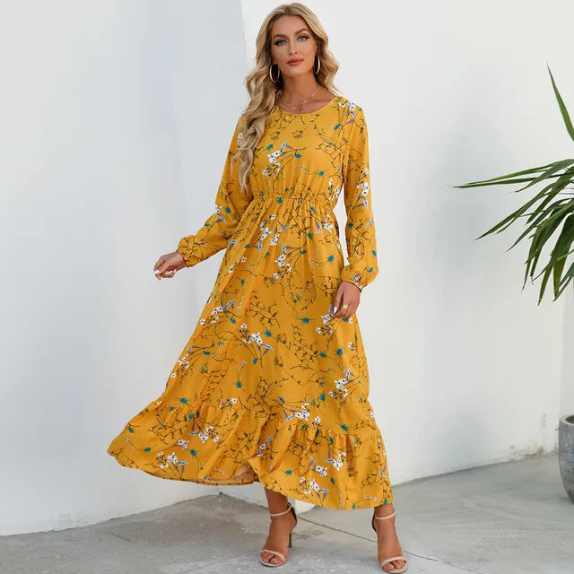 Women's Boho Maxi Dress Long Sleeve High Waist Chiffon Beachwear