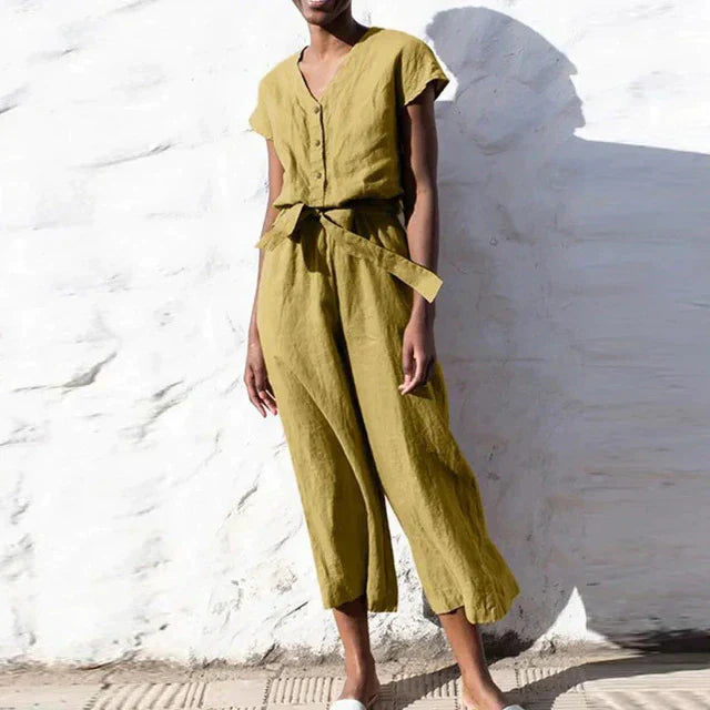 Women’s Jumpsuit – Relaxed Fit – Wide Leg – Button Front – Cotton Blend – Cropped Length – Belted Waist