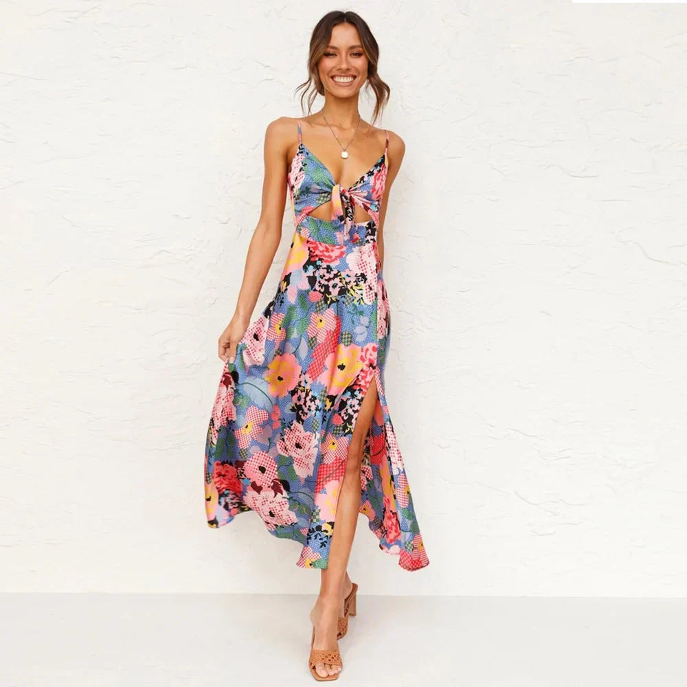 Women's Maxi Dress - A-Line Silhouette - Spaghetti Straps - Cut-Out Detail - Side Slit