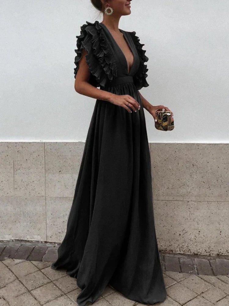 Women’s Evening Gown - A-Line Silhouette - Deep V-Neck - Ruffle Sleeve Formal Dress