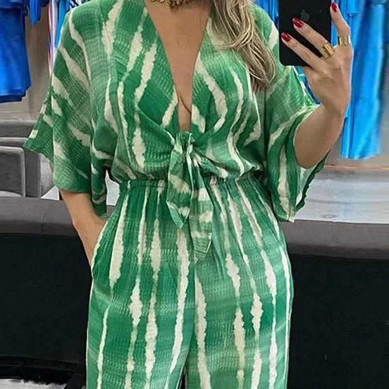 Women's printed belted v-neck half-sleeve jumpsuit