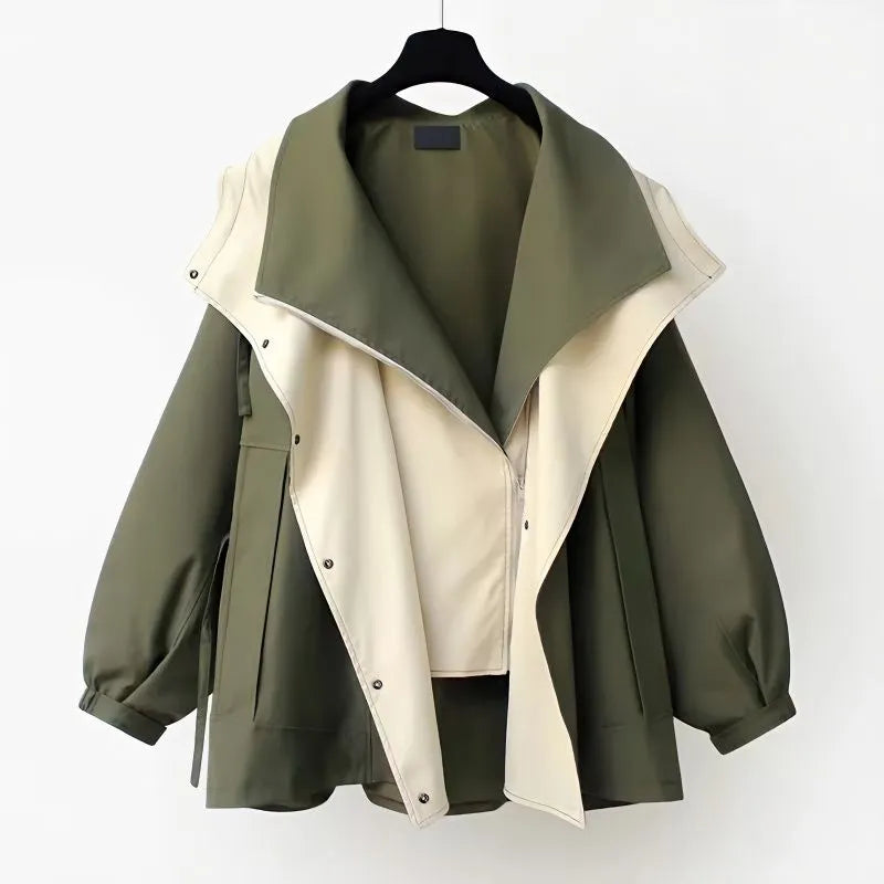 Women’s Oversized Jacket - Lightweight Windproof - Asymmetrical Lapel - Button Front