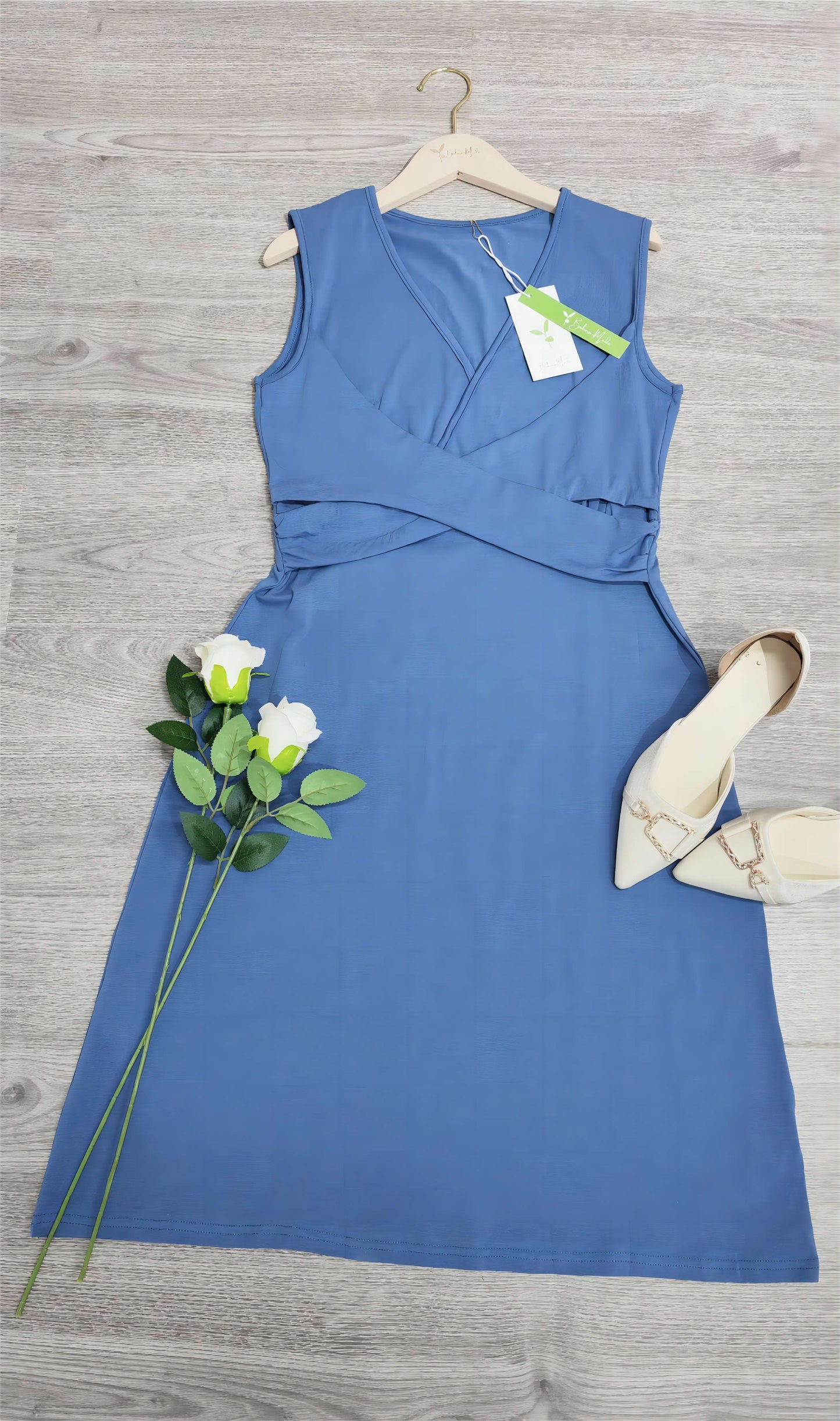 Women's Sleeveless Dress - V-Neck Wrap Style - Fitted Waist A-Line Knee Length