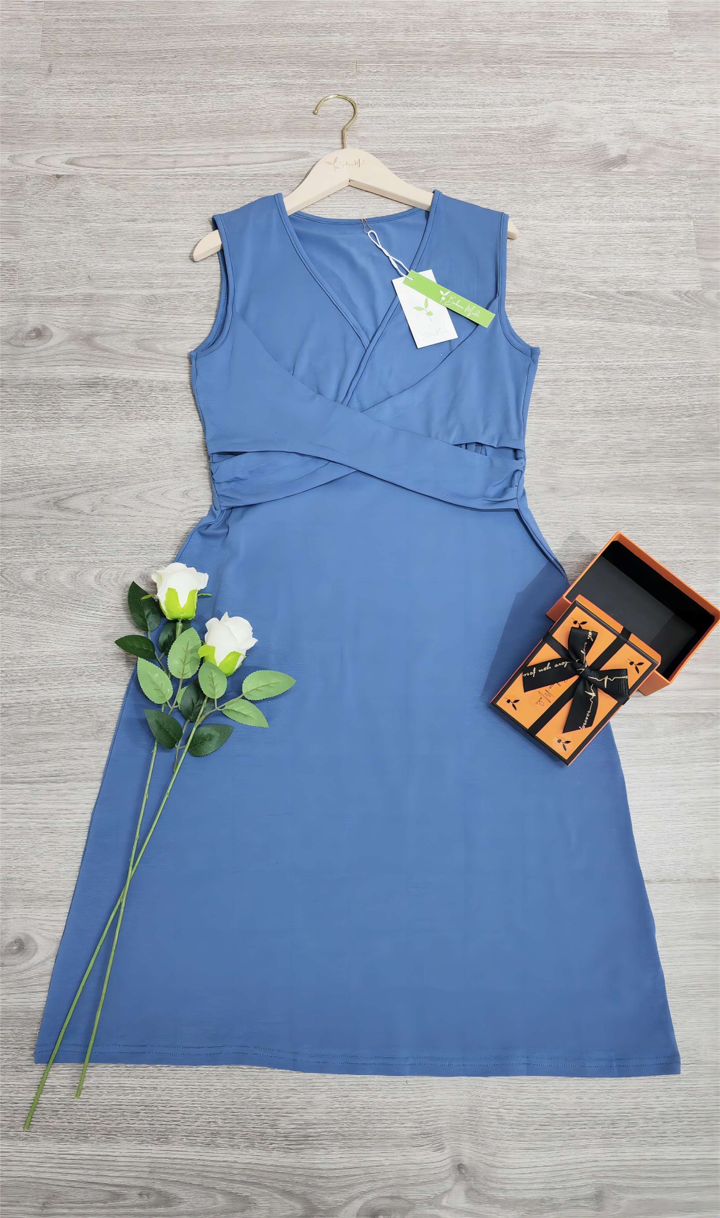 Women's Sleeveless Dress - V-Neck Wrap Style - Fitted Waist A-Line Knee Length