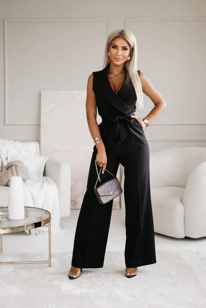 Women's Sleeveless Jumpsuit - Wrap V-Neck - Tie Waist - Tailored Straight Leg