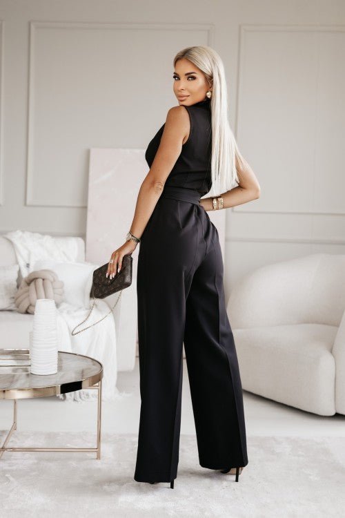 Women's Sleeveless Jumpsuit - Wrap V-Neck - Tie Waist - Tailored Straight Leg