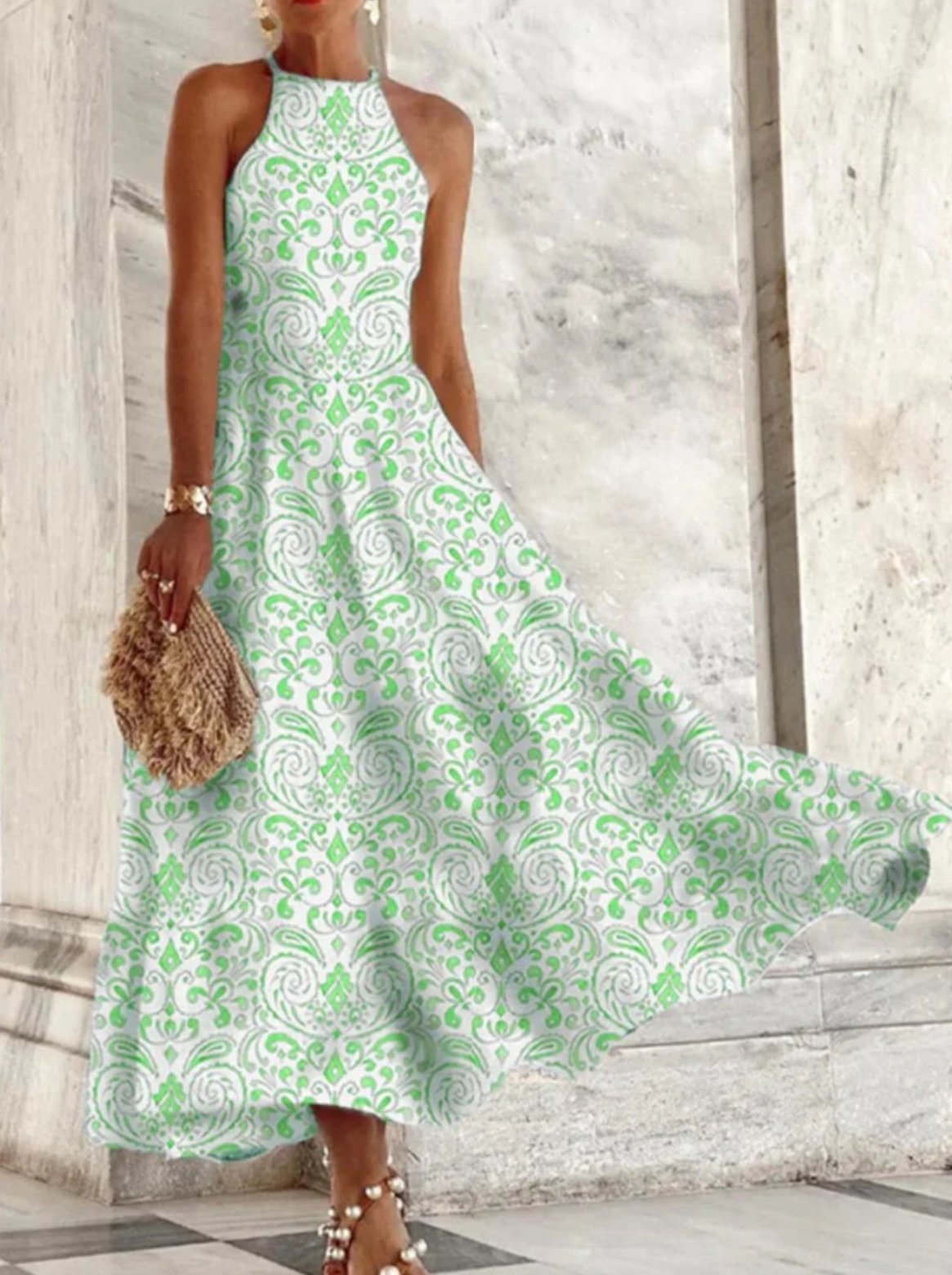 Women’s Maxi Dress – Halter Neck – A-line Fit – Breathable Blend – Printed Design