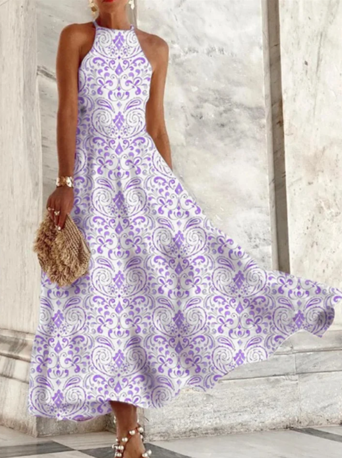 Women’s Maxi Dress – Halter Neck – A-line Fit – Breathable Blend – Printed Design