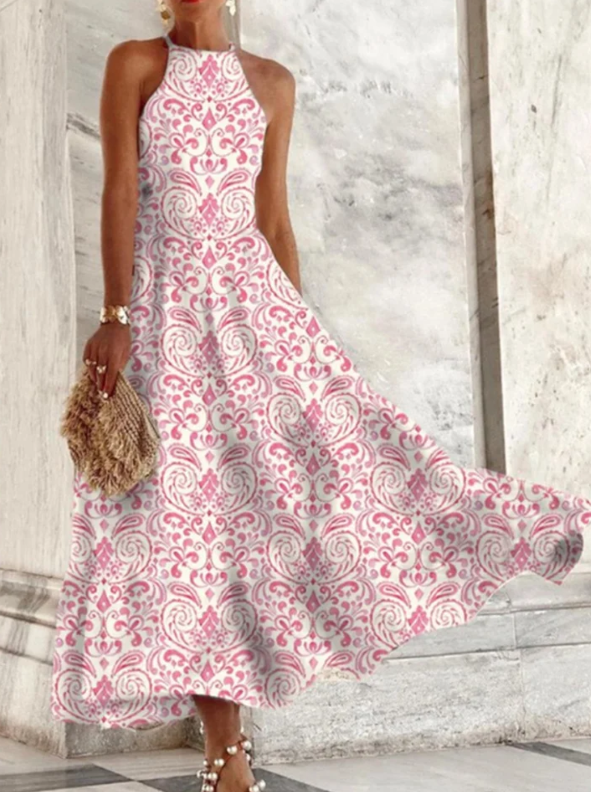Women’s Maxi Dress – Halter Neck – A-line Fit – Breathable Blend – Printed Design