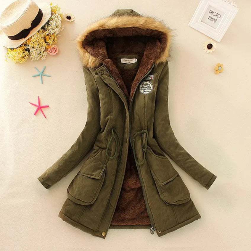 Warm lined winter jacket adjustable waist with hood for women