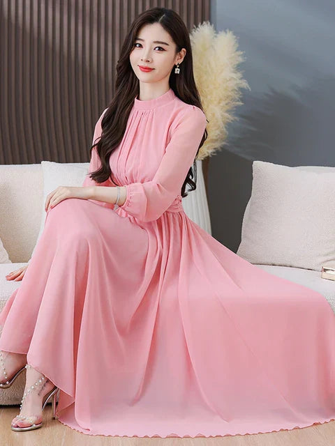 Women's White Chiffon Boho Maxi Dress with Long Sleeves