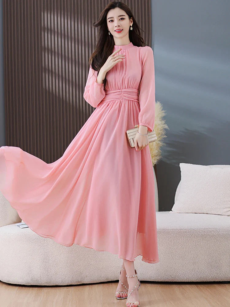 Women's White Chiffon Boho Maxi Dress with Long Sleeves