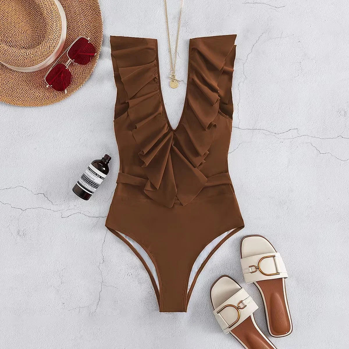 Women's One-Piece Swimsuit - Ruffle Neckline - Full Coverage - Flattering Fit