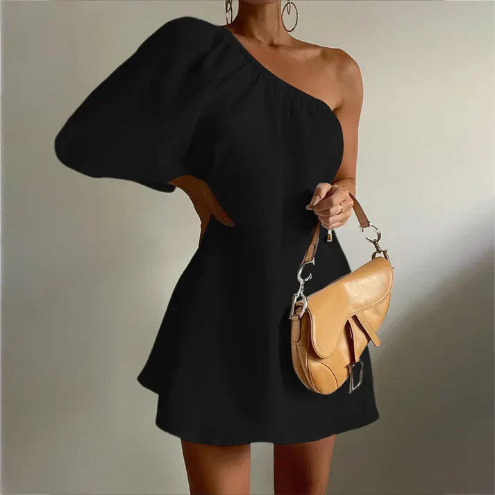 Women's Off-Shoulder Mini Dress – Asymmetrical One-Shoulder – Puff Sleeve – Flared Skirt